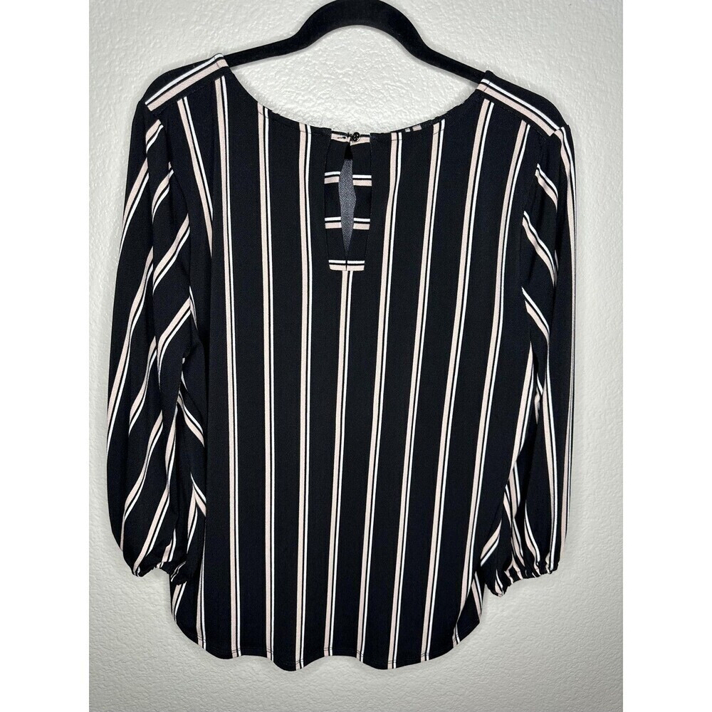 Adrianna Papell Blouse Womens Large Black White Stripe 3/4 Sleeve Elastic Cuffs - Picture 7 of 7